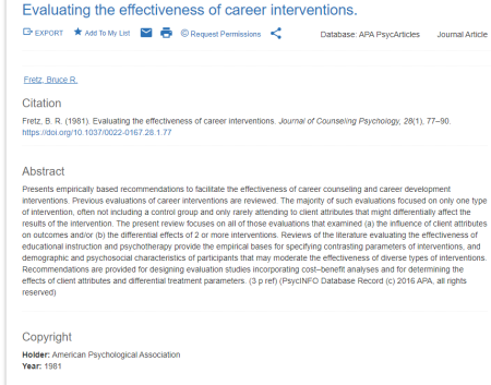 Fretz, B. R. (1981). Evaluating the effectiveness of career interventions. Journal of Counseling Psychology, 28(1), 77.‏